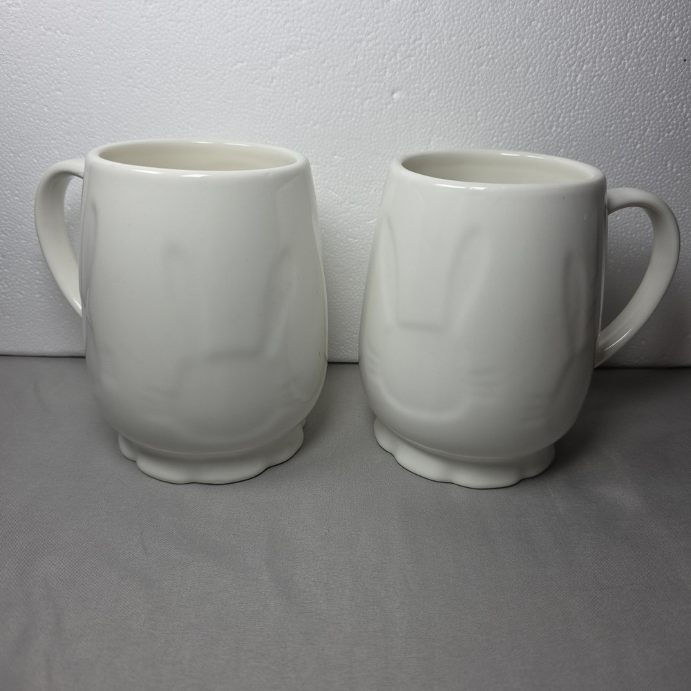 Holiday Home Recessed Bunny Easter White Cups Mugs - Set of‎ 2 Cottagecore